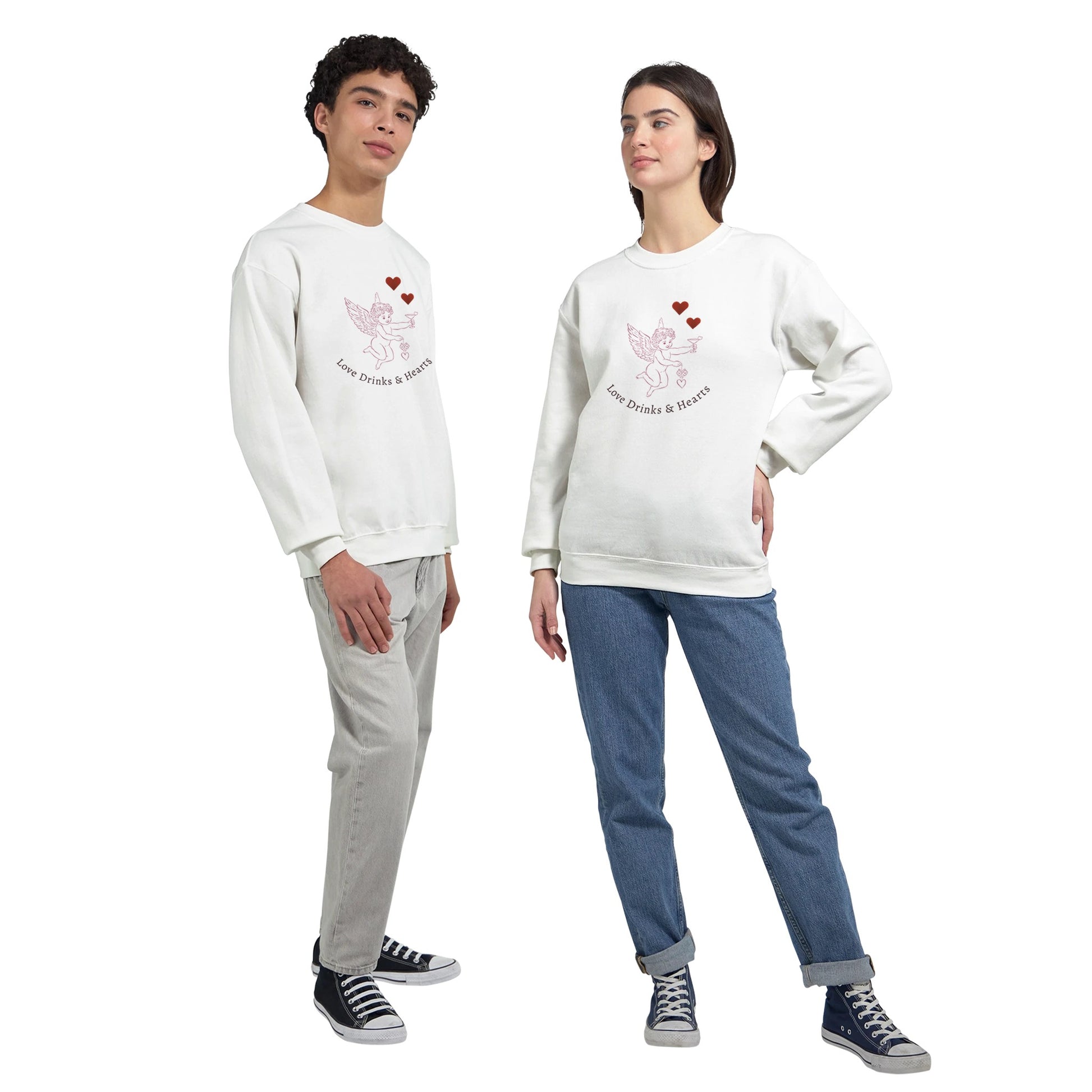 Love Sweatshirt featuring playful design on a cozy white background, worn by models embodying good vibes.