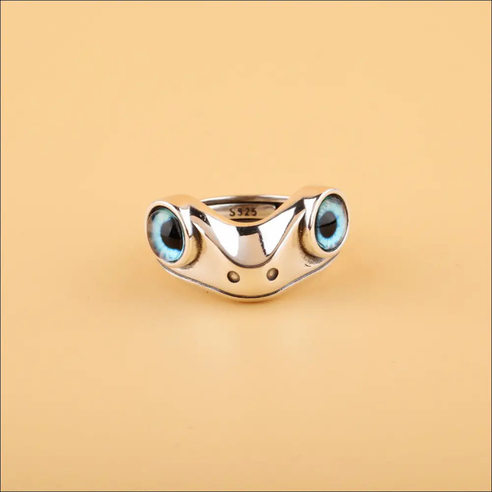 Blue Eyed Frog Ring Unisex i Äkta Silver Fantasy - Justerbar - Silverringar