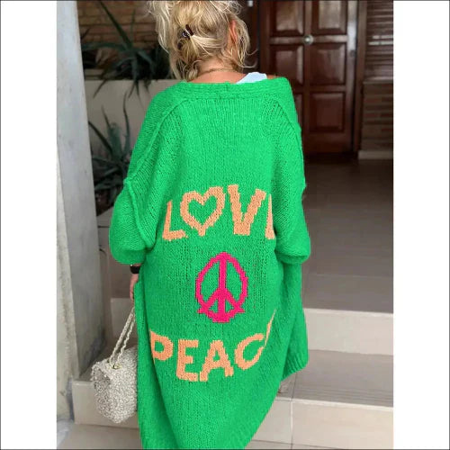 Bohemisk stil - kofta med Love Peace och Flower Power mönster - S/M / Grön - Lång