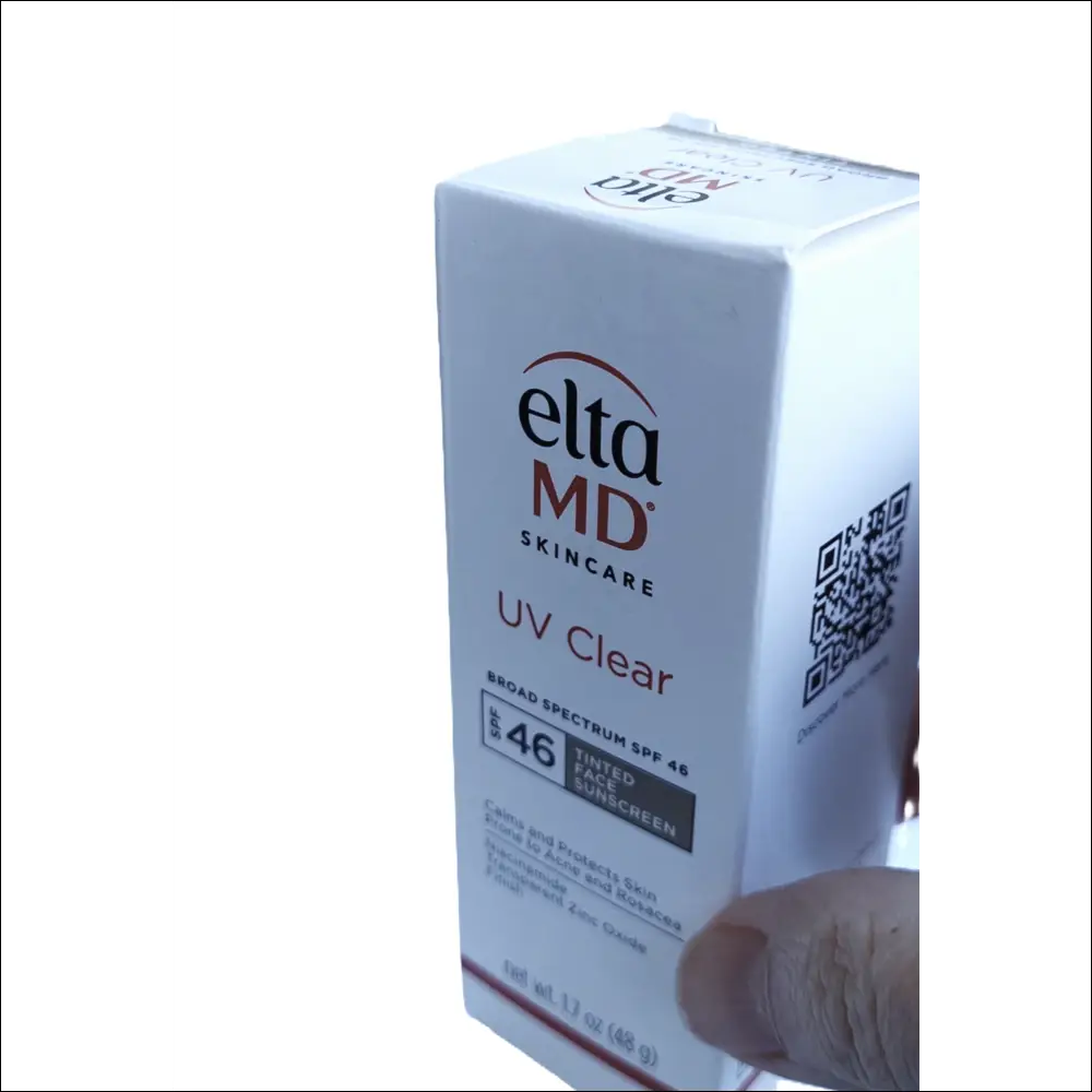EltaMD UV Clear sunscreen product box featuring SPF 46 and broad-spectrum protection for sensitive skin.
