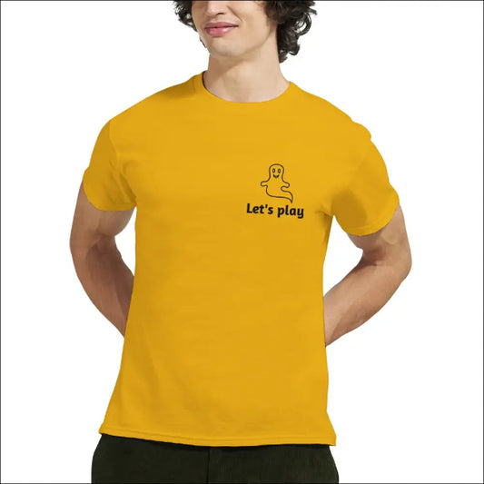 Halloween T-shirt med lilla lekfulla spöket - ’Let’s play’ - S / Guld - Kortärmad