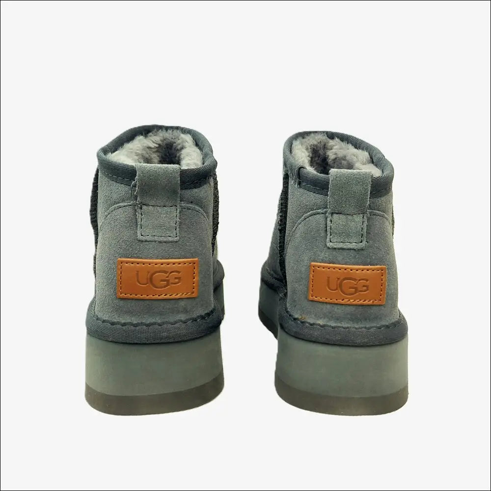 UGG Classic Ultra Mini Plattform Shaded Clover back view showing grey suede, uggplush lining, and 5 cm platform sole