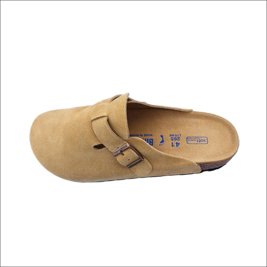 Birkenstock Boston Latte Cream slippers top view showcasing the elegant design and comfortable fit.