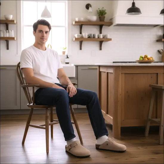 Man sitting in a kitchen wearing Birkenstock Boston Taupe clogs with a soft footbed.