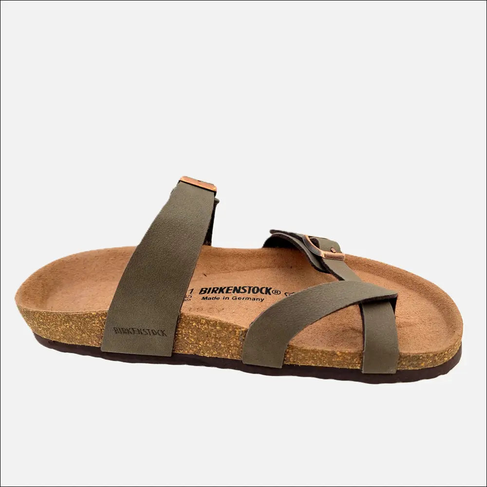 Birkenstock Mayari Sandals in Stone Birko-Flor featuring a comfortable cork footbed and adjustable straps.
