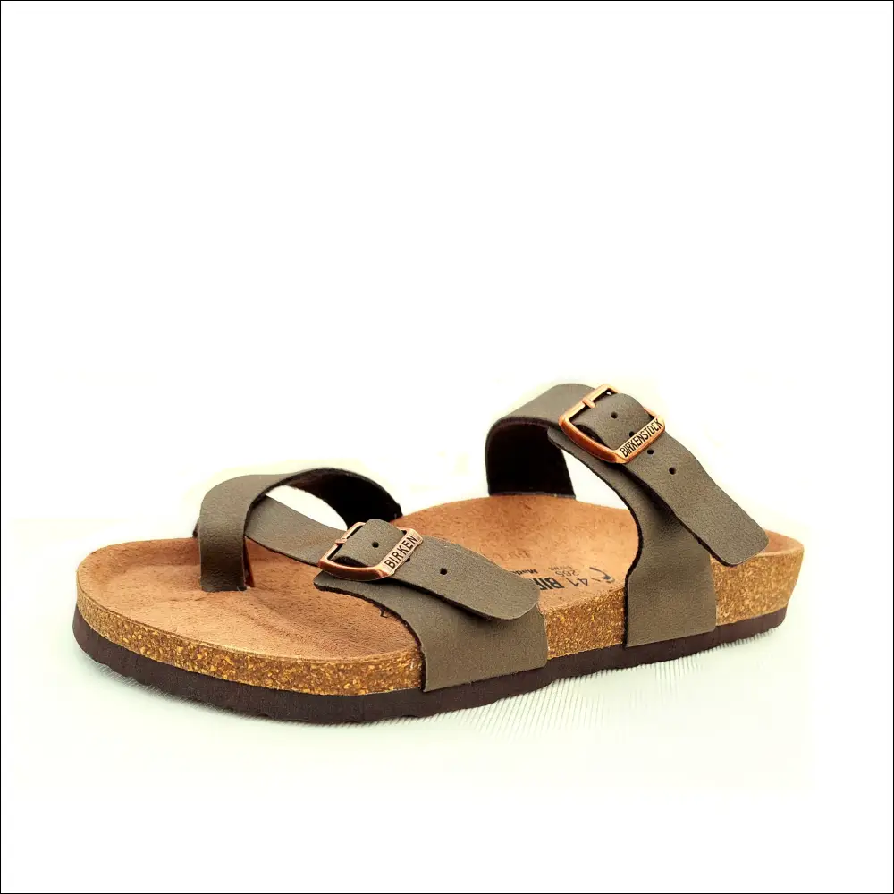Birkenstock Mayari Sandals in Stone Birko-Flor with adjustable straps and cork-latex footbed.