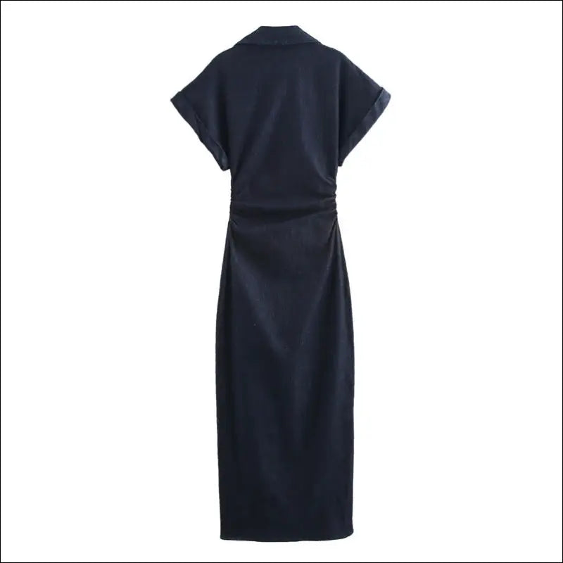 Elegant midi skjortklänning i denim, navy blue, with stylish cuffed sleeves and a flattering waist design.