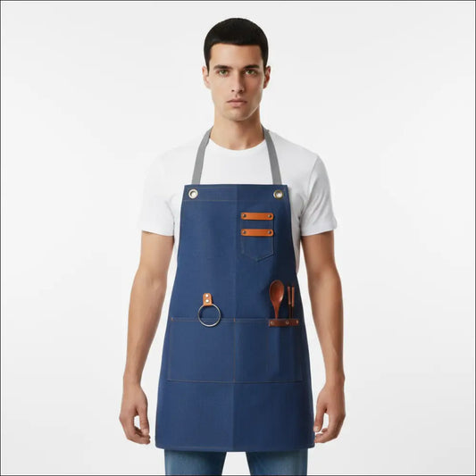 Förkläde i kanvas för hantverk och DIY, stilrent, slitstarkt med läderdetaljer, perfekt för kreativa projekt.