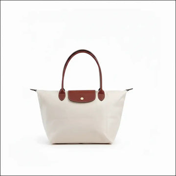 Longchamp Le Pliage L - Paper White Large Tote Bag with brown leather handles on a white background.