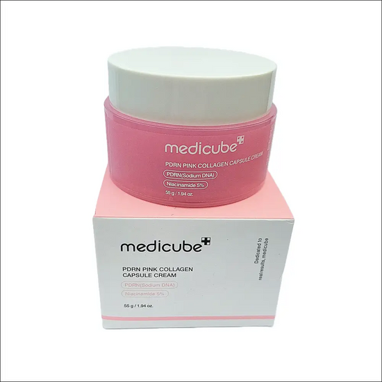 Medicube Collagen PDRN Pink Collagen Capsule Cream in a pink container and box for rejuvenating sensitive skin.