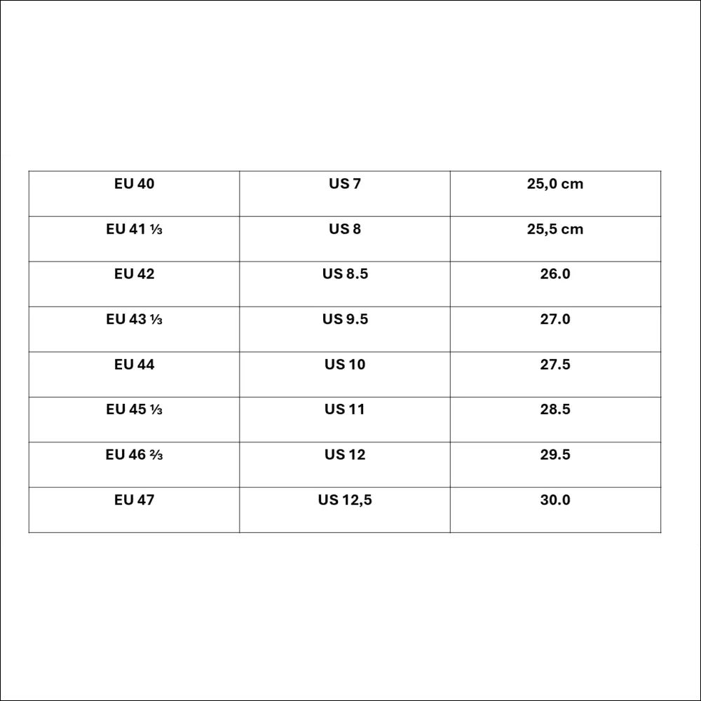 Size chart for Salomon XT-Wings shoes showing EU and US sizes with centimeter measurements.