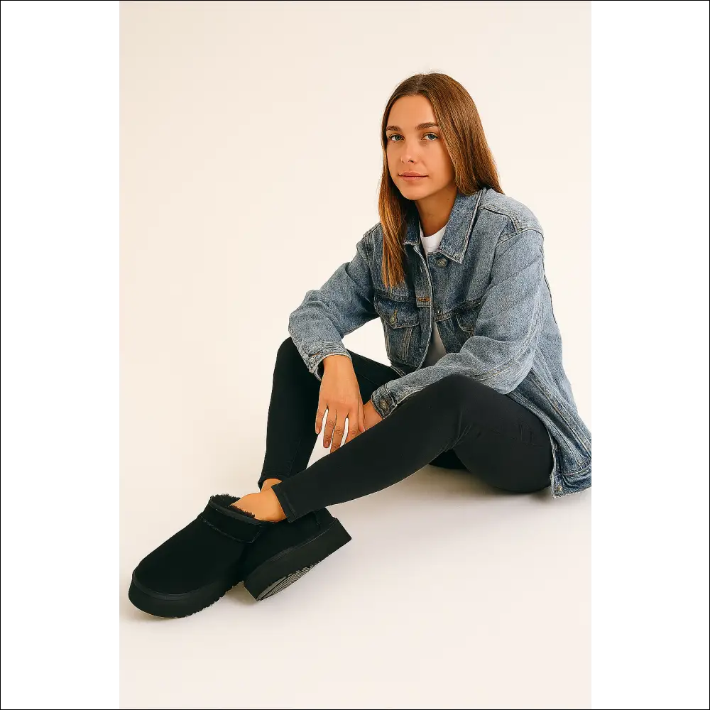 UGG W Classic Ultra Mini Plattform Svart Mocka worn with casual outfit, showcasing stylish winter footwear